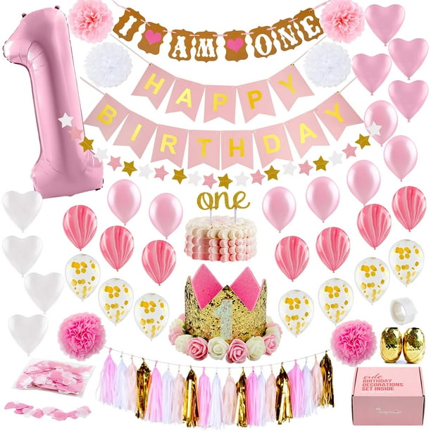 Happy 1st Birthday Banner Baby Girls First Birthday Party Gold Gliter Sign Photoprops 
